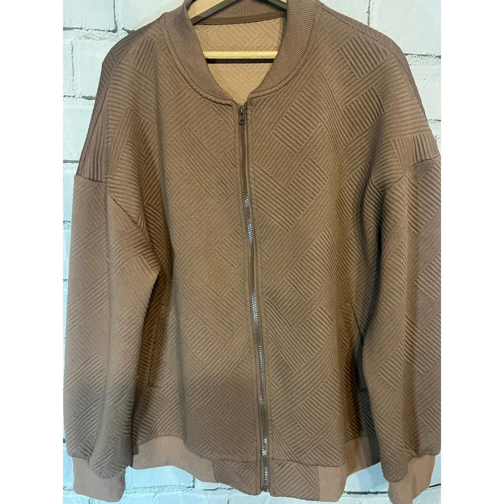 Brown Textured Quilted Bomber Jacket Oversized Zip Up Lightweight Streetwear